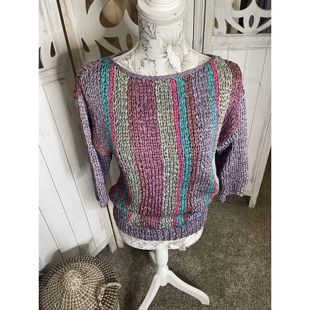 Argenti Womens Vintage 80s 90s Pastel Striped Sweater Size 12 Colorful